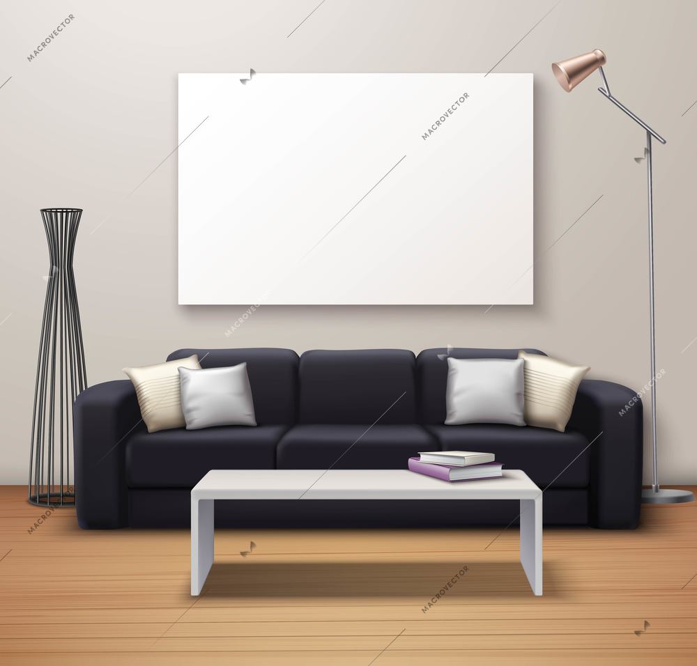 Modern interior design realistic mockup poster with sofa coffee table whiteboard and decorative floor vase vector illustration