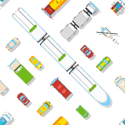 Transport seamless pattern of different types of vehicles predominantly cars and train top view flat vector illustration