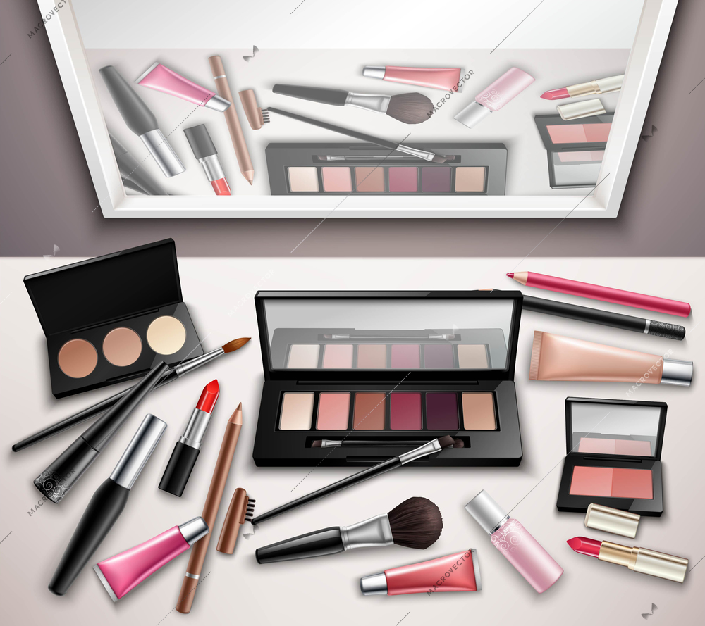 Makeup work space accessories realistic top view image with eye shadows shades set and mirror reflection vector illustration