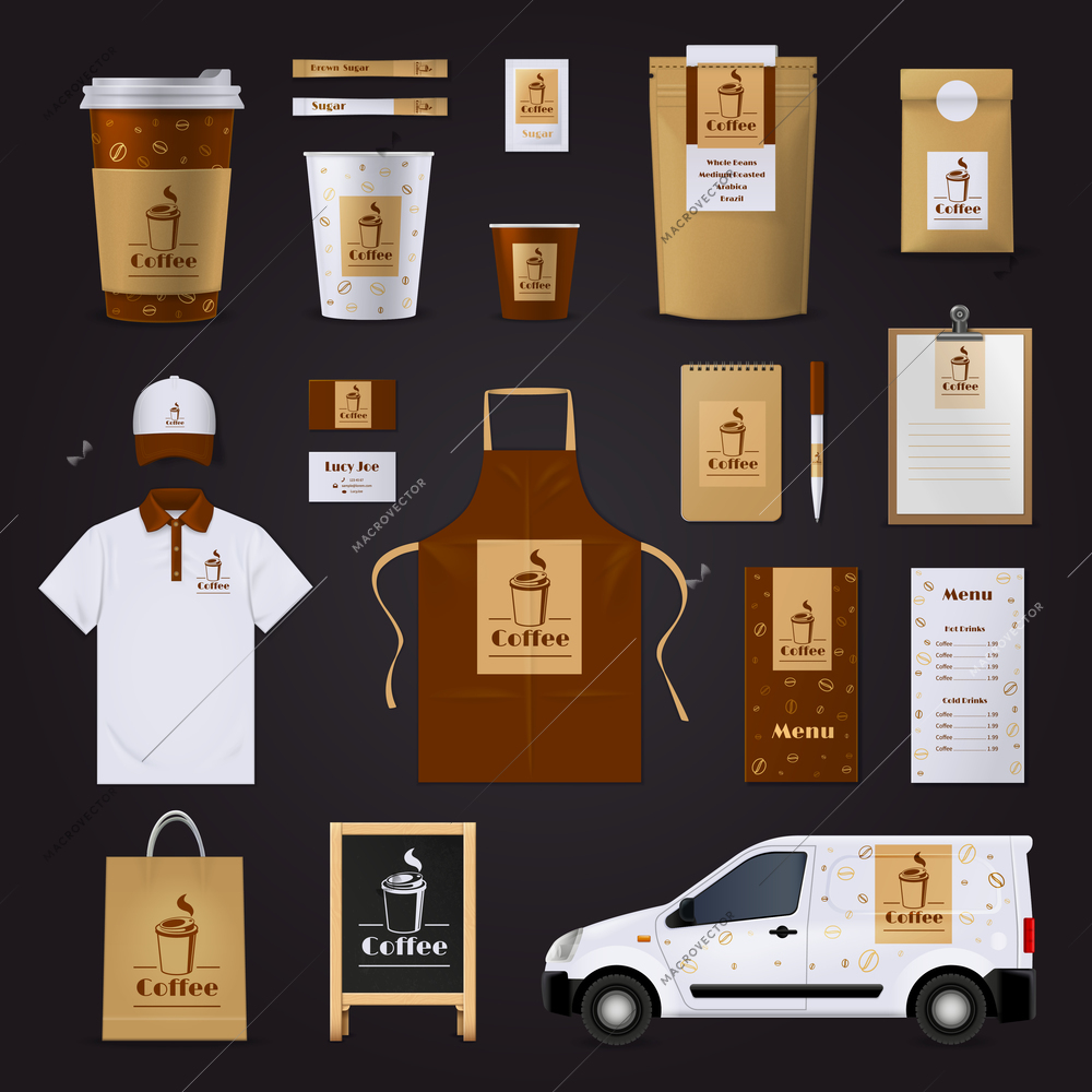 Brown and white coffee corporate identity design set for cafe isolated on black background flat vector illustration