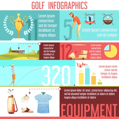 Golf sport popularity by country in worlds statistics and best equipment choices infographic retro cartoon poster vector illustration