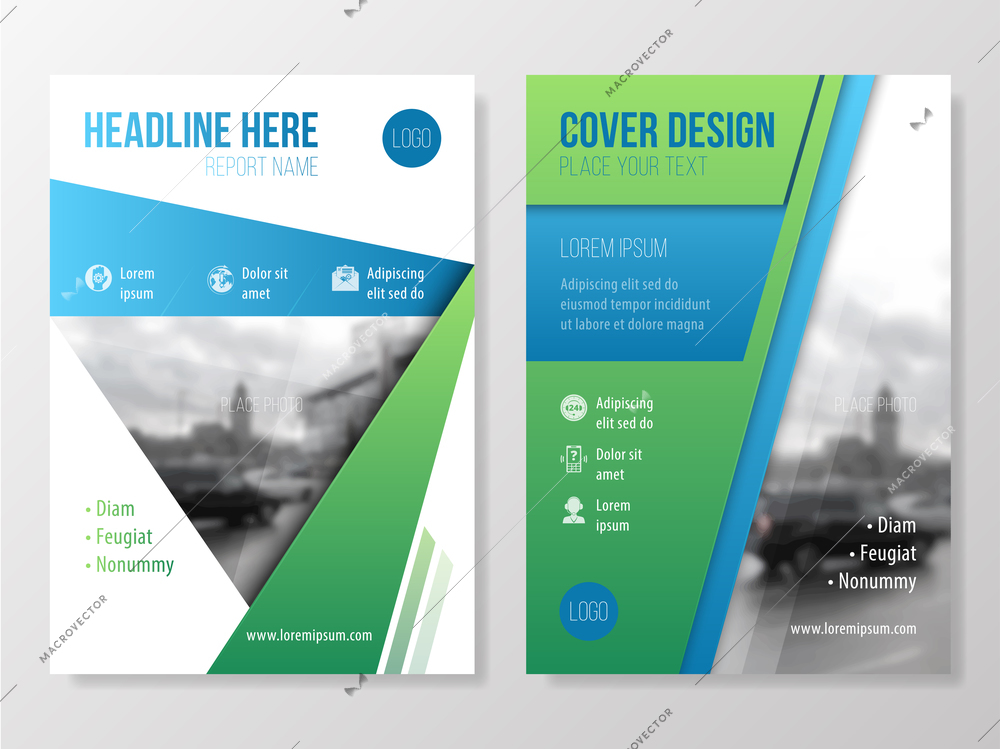 Annual report brochure template with abstract geometric pattern and blured image on background vector illustration