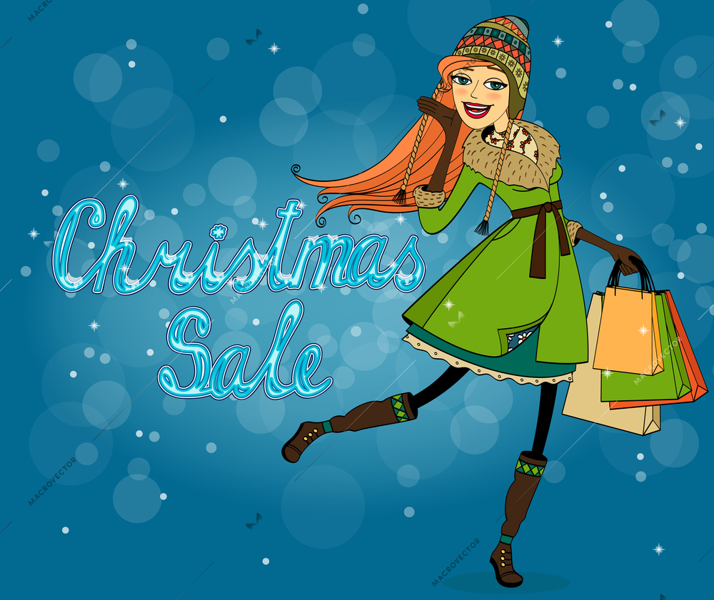 Girl with shopping bags at christmas discounts vector illustration