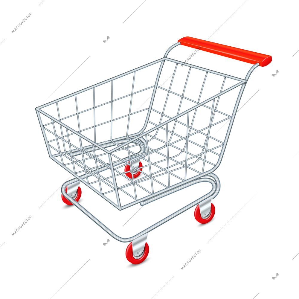 Empty supermarket shopping cart 3d isolated on white background vector illustration