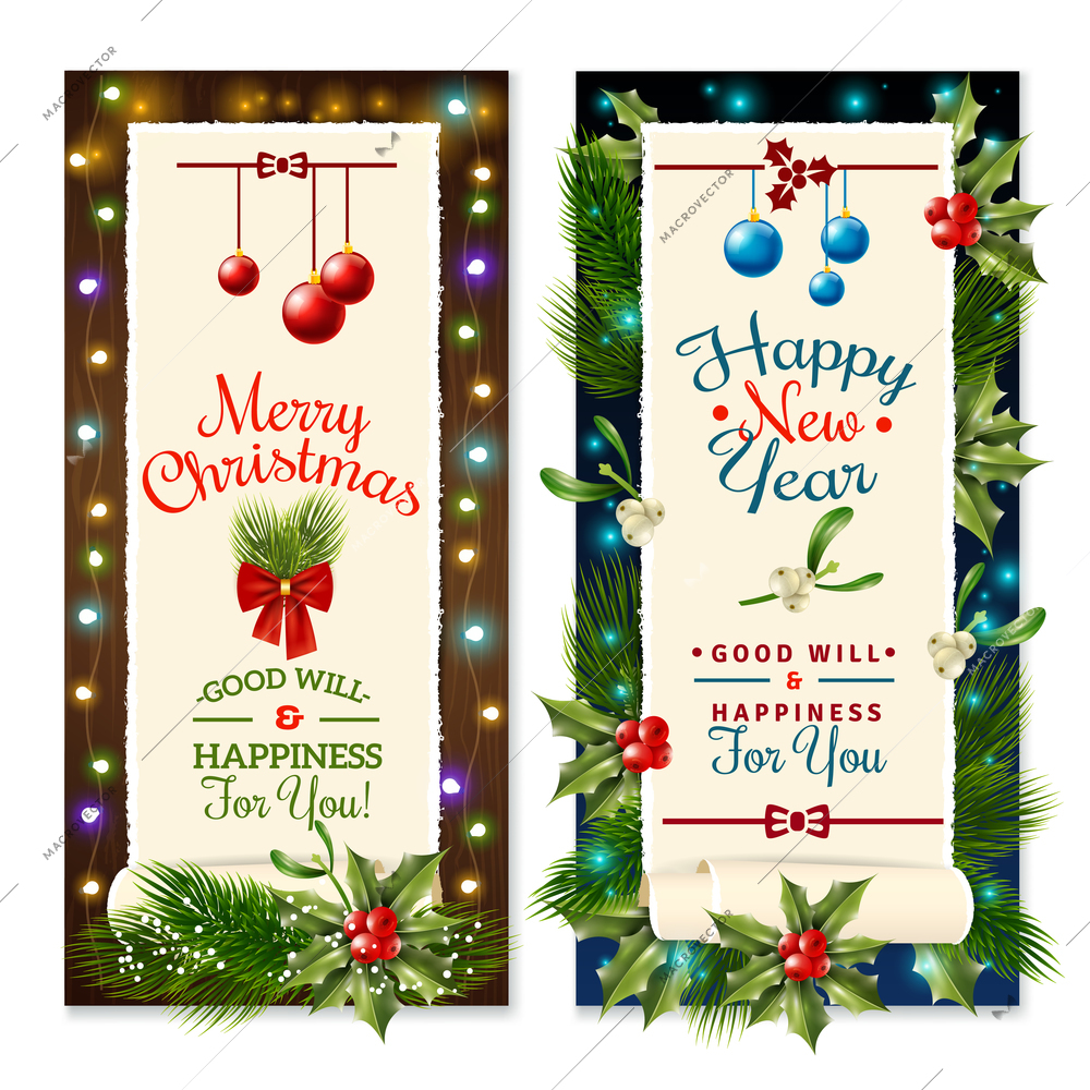 Vertical christmas holiday congratulations banners with mistletoe balls and light effects flat isolated vector illustration