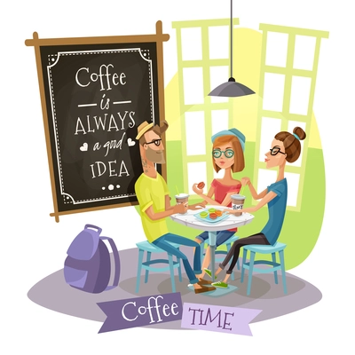 Coffee time design concept with group of young people belonging to subculture of hipsters drinking coffee in cafe interior flat vector illustration