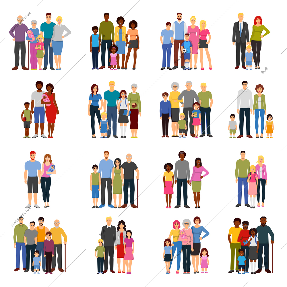 Young couples and families with teenage children grandparents fathers and mothers flat isolated icons set vector illustration