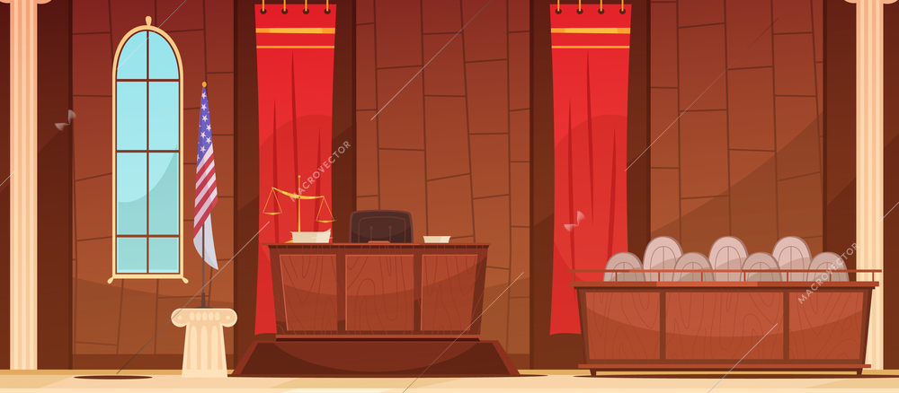 American court of law judicial legal proceedings in courthouse with flag  and jury box retro poster vector illustration