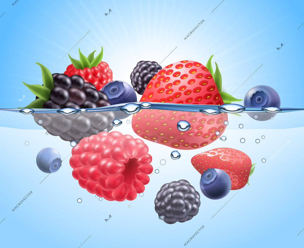 Berries in water realistic composition with strawberry blueberry and raspberry vector illustration