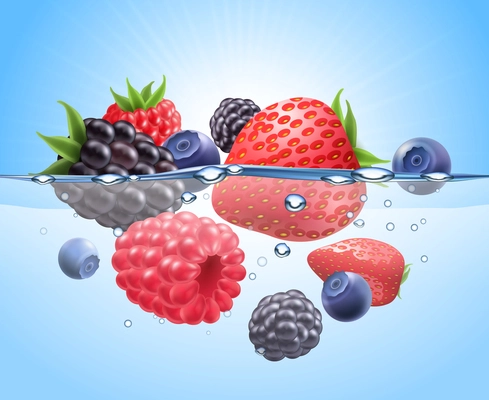 Berries in water realistic composition with strawberry blueberry and raspberry vector illustration