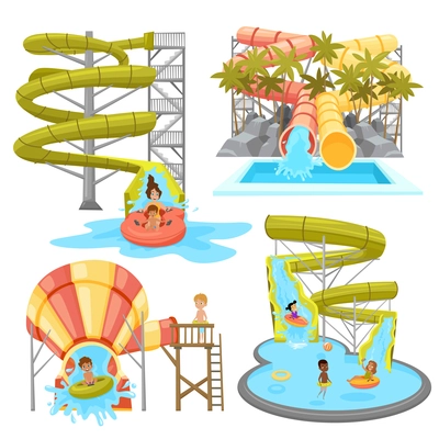 Colorful aquapark set of various water tubes and slides with children in flat style isolated vector illustration