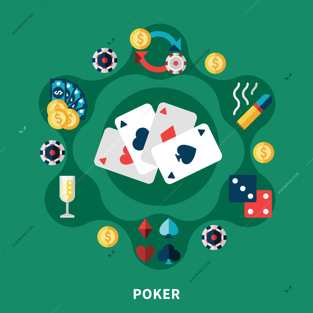 Casino poker icons round composition with cards coins dice symbols flat vector illustration