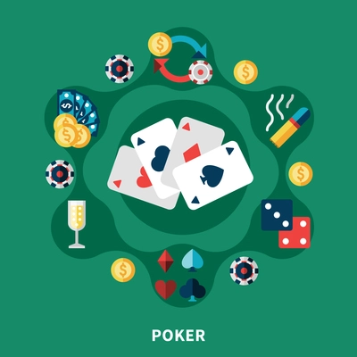 Casino poker icons round composition with cards coins dice symbols flat vector illustration