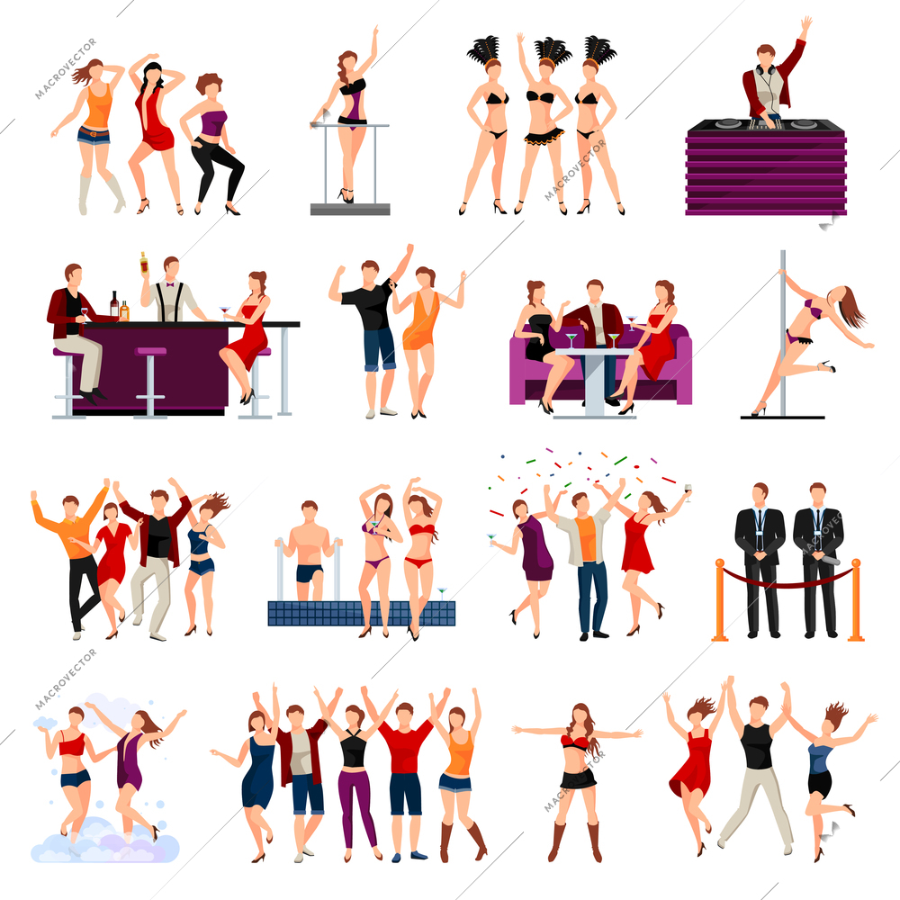 Dancing night club sexy girls strip show  and alcohol cocktails drinks flat icons collection isolated vector illustration