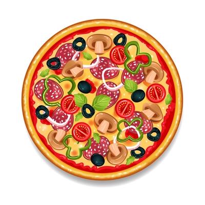Colorful round tasty pizza on white background with salami tomato mushrooms and olives flat isolated vector illustration