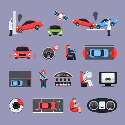 Car safety systems icons set with crash test symbols flat isolated vector illustration