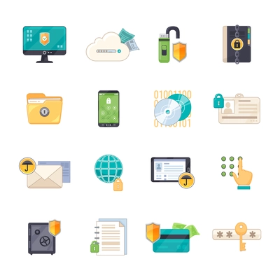 Safe personal data storage and  online information exchange software protection shield flat icons set isolated vector illustration