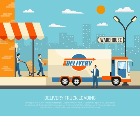 Warehouse workers loading boxes into delivery truck on cityscape background flat vector illustration