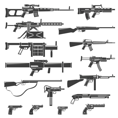 Flat design weapons guns rifles and pistols monochrome set isolated vector illustration