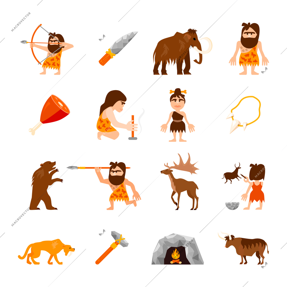 Stone age icons set of caveman animals bonfire weapons meat and charm isolated vector illustration