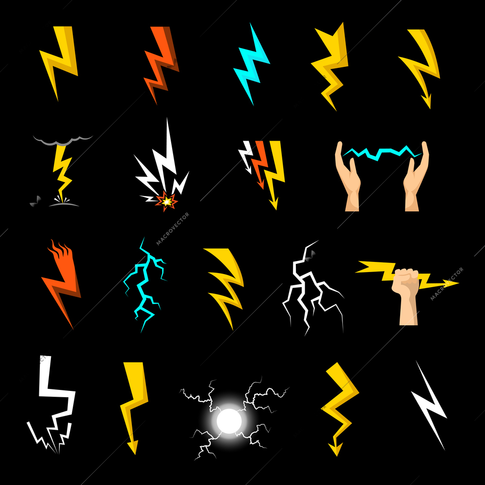 Colorful lightnings of different shape flat icons set isolated on black background vector illustration