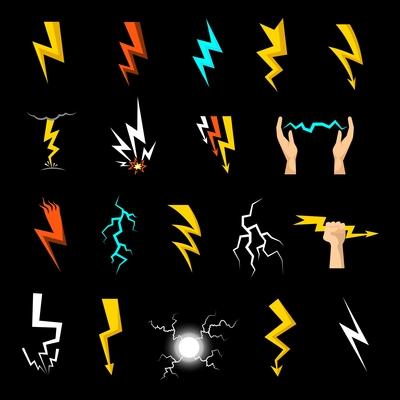 Colorful lightnings of different shape flat icons set isolated on black background vector illustration