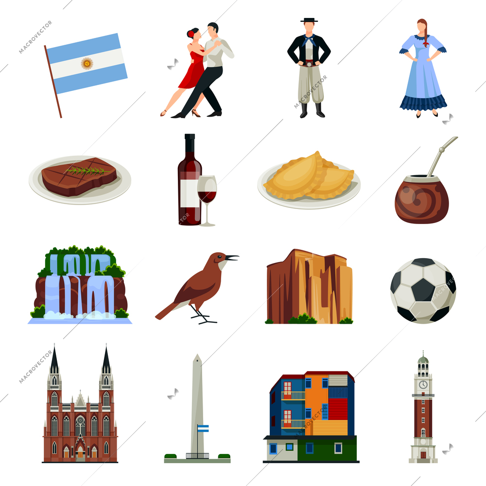 Argentina national landmarks attractions and food flat icons collection with clock tower and waterfalls isolated icons illustration