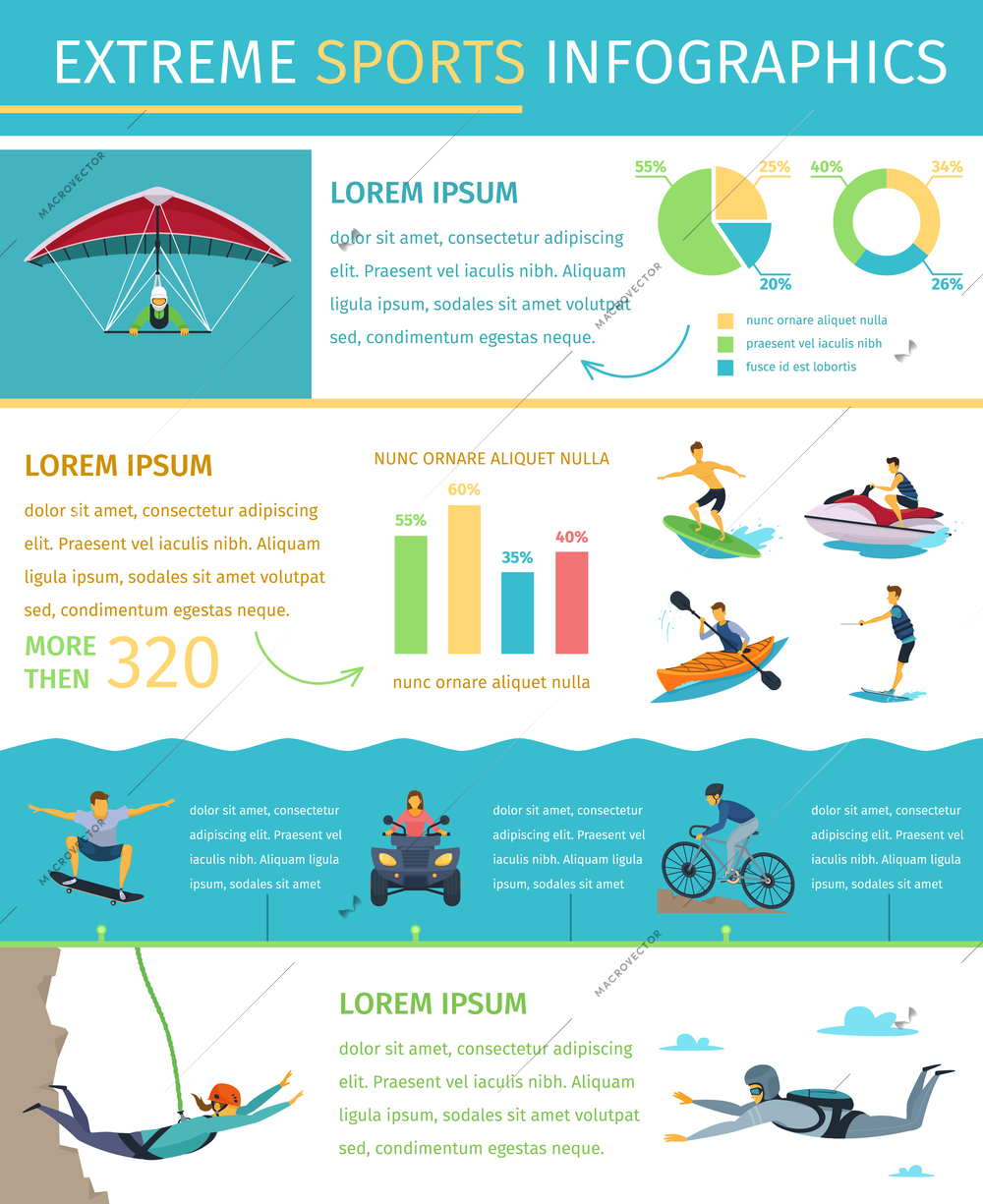Popular extreme sports list information equipment products market sponsors events and developments flat infographic poster vector illustration