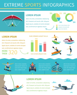 Popular extreme sports list information equipment products market sponsors events and developments flat infographic poster vector illustration