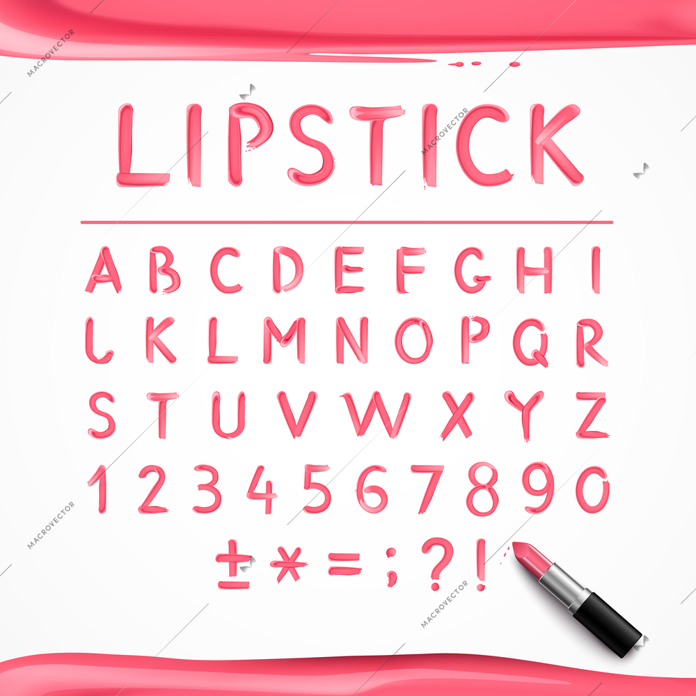Pink red glossy english alphabet letters and mathematical symbols hand drawn with lipstick realistic poster vector illustration