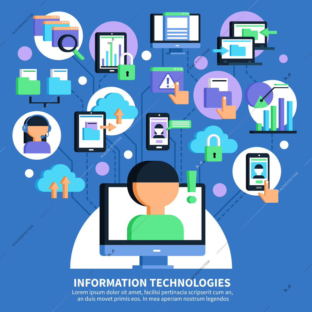 Information technologies flat vector illustration with scheme of data exchange between smartphone laptop cloud storage and operators help