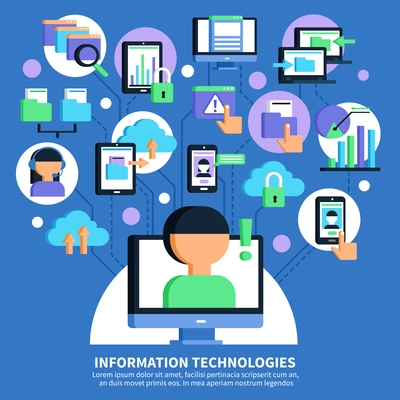 Information technologies flat vector illustration with scheme of data exchange between smartphone laptop cloud storage and operators help