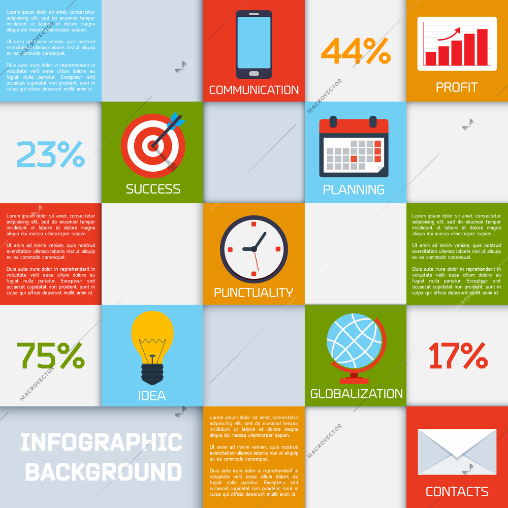 Business infographic communication profit success color square elements set isolated vector illustration