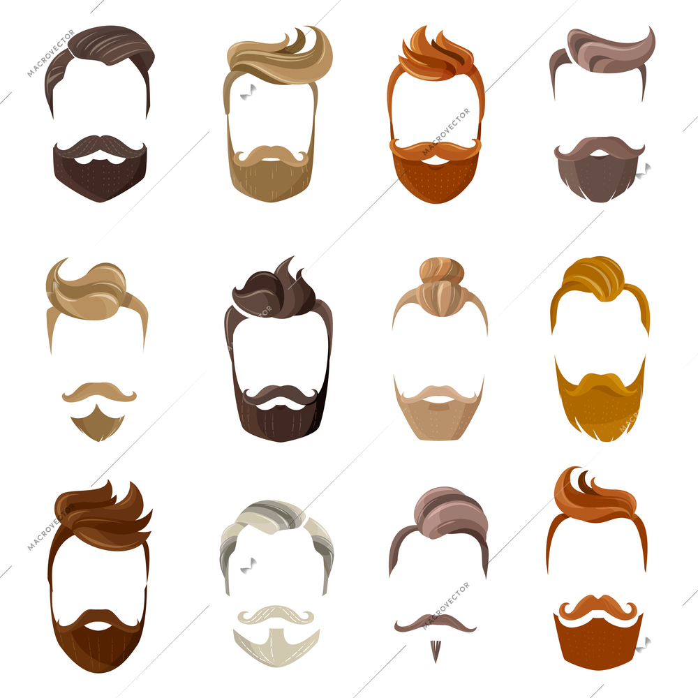 Colorful male silhouette faces with hispter beard and hair styles isolated on white background flat vector illustration