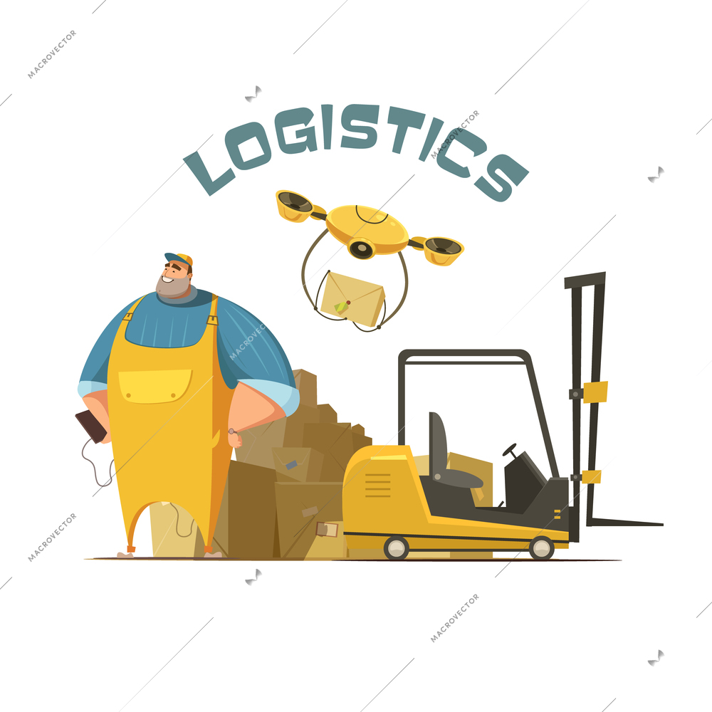 Logistics retro cartoon concept with worker loader and boxes vector illustration