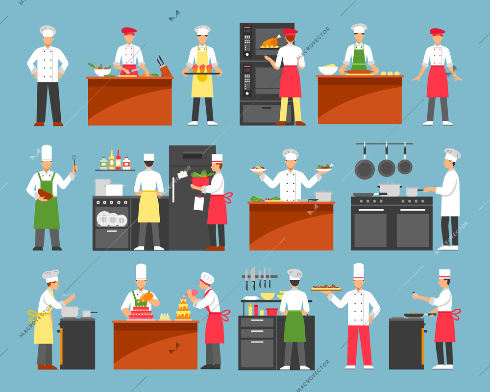 Professional cooking decorative icons set with chefs at cooker and waiters with trays isolated vector illustration