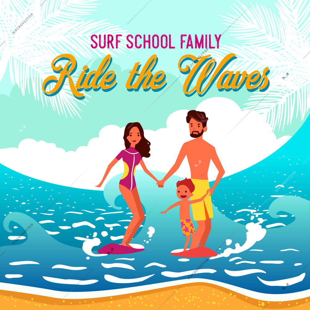 Surf school vector illustration of young family with little child riding the waves near sunny sandy beach