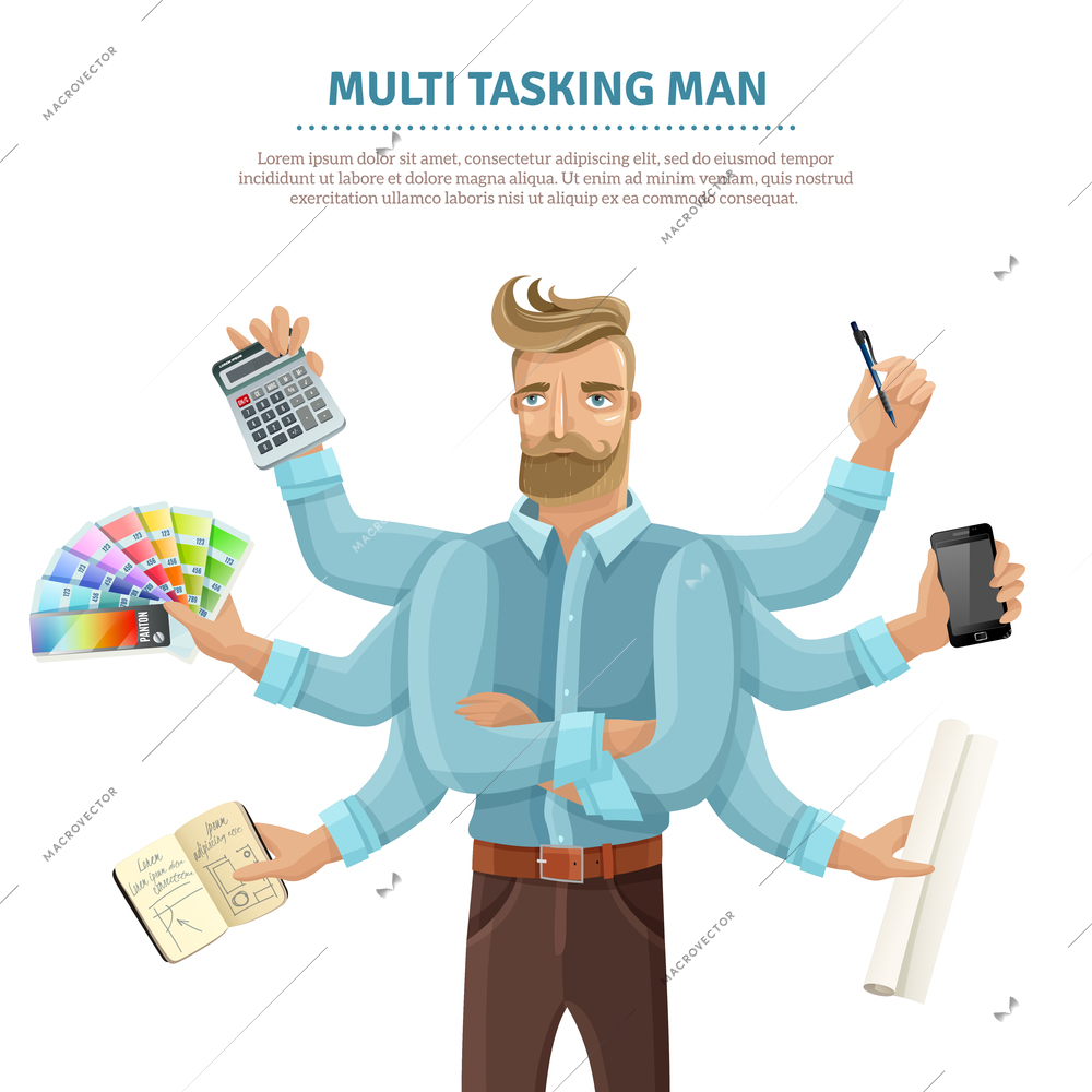 Multitasking flat informative poster with text and eight-armed young man reading mailing writing simultaneously vector illustration