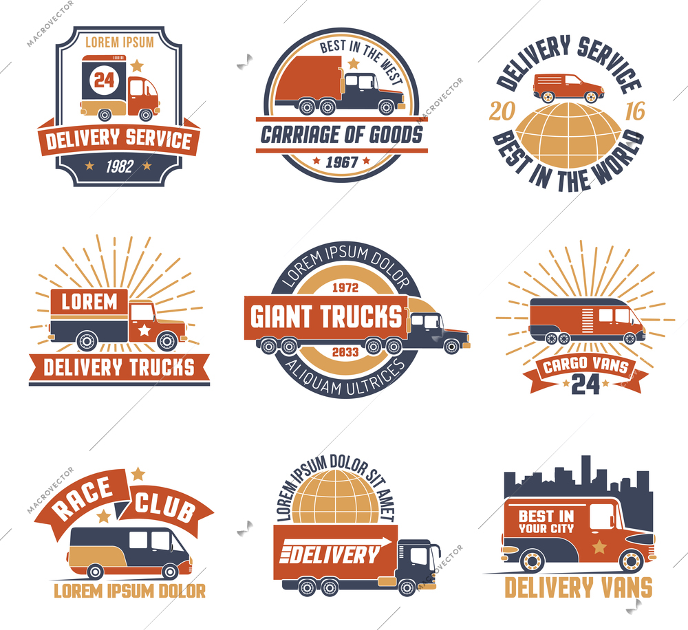 Flat set of colorful logos and emblems for different delivery services isolated on white background vector illustration