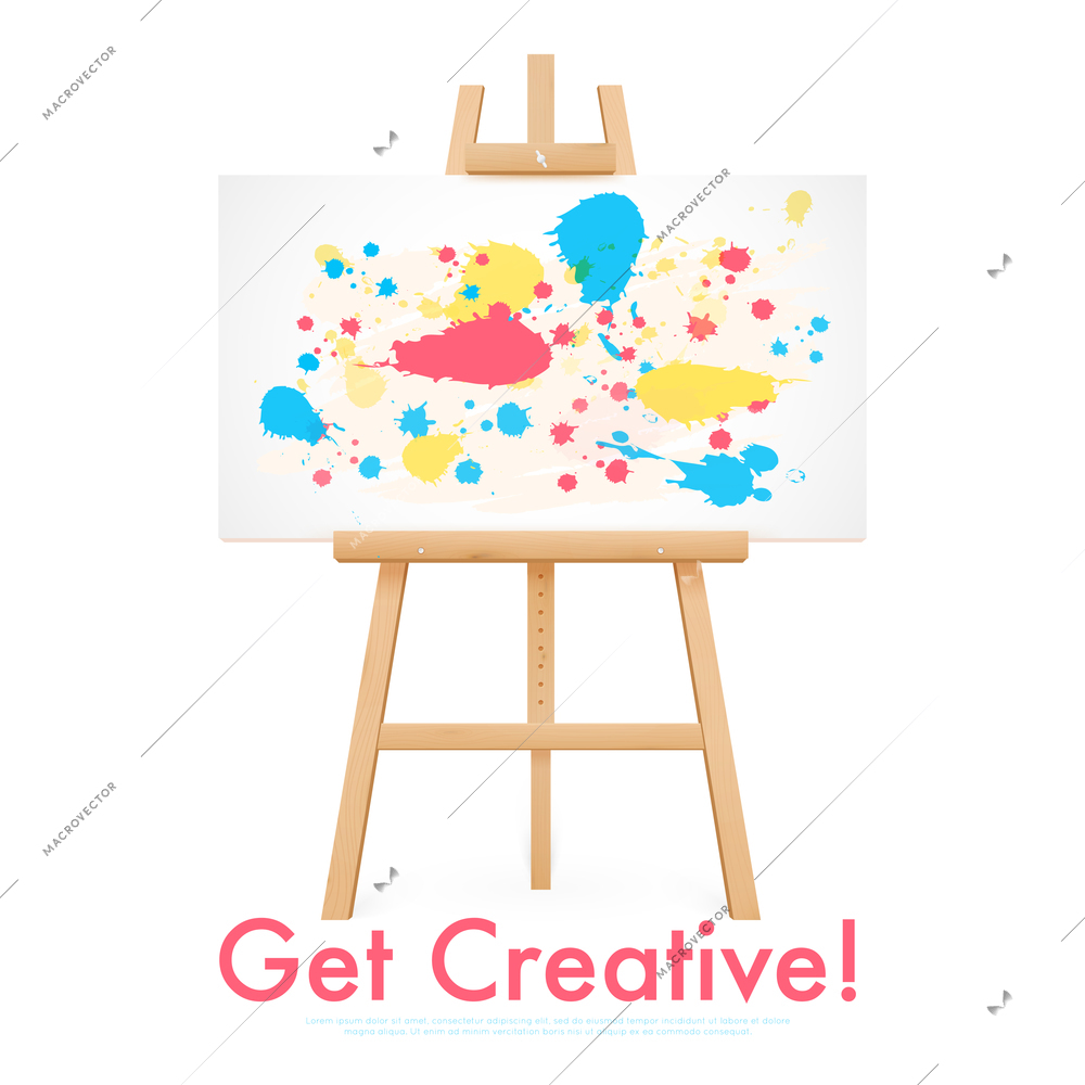 Wooden easel template with horizontal painted canvas isolated on white background vector illustration