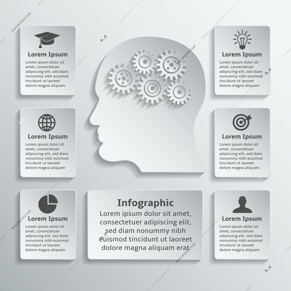 Paper human head with gears cogwheels and infographic elements vector illustration