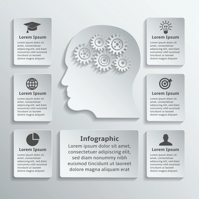 Paper human head with gears cogwheels and infographic elements vector illustration
