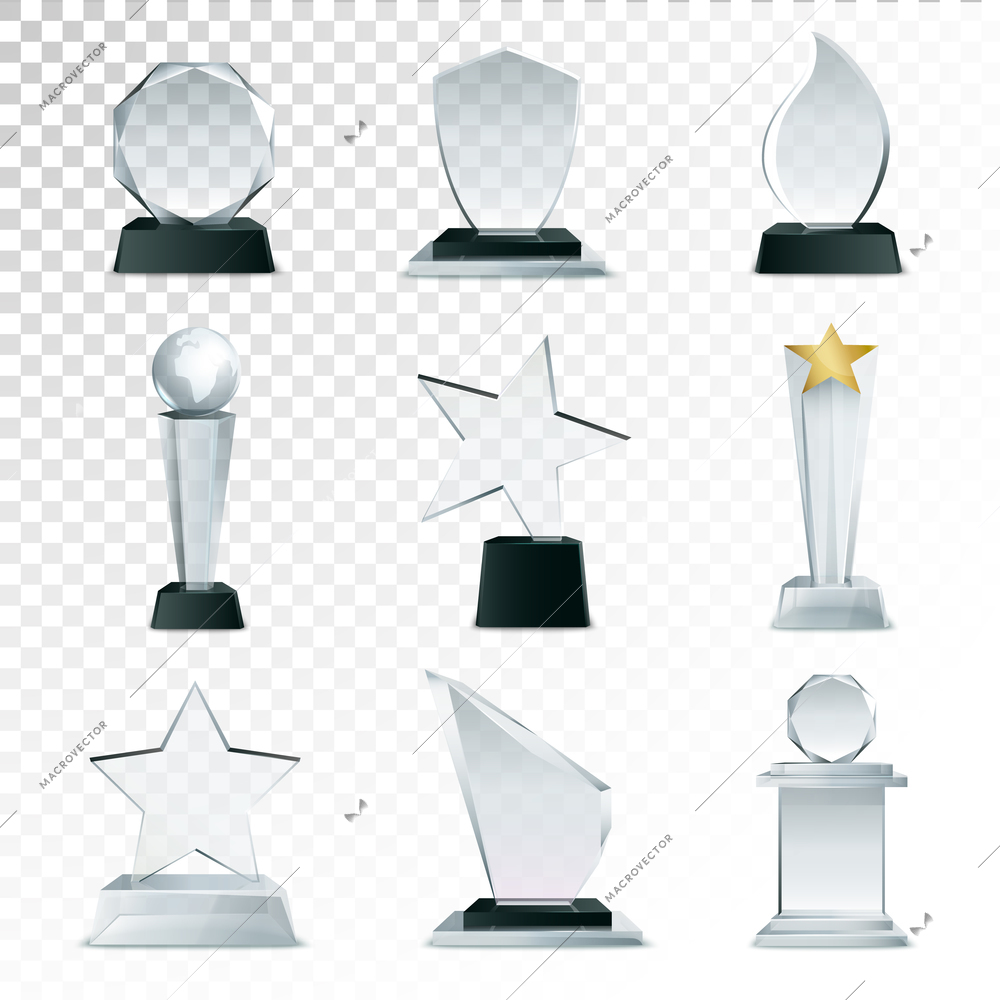 Modern glass cup trophies and challenge prizes side view realistic icons collection against transparent background isolated vector illustration