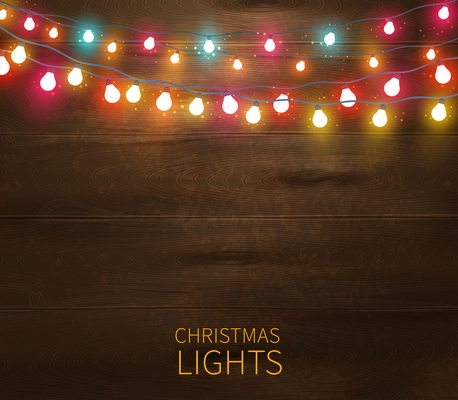 Christmas lights poster with shining and glowing garlands on wooden background vector illustration