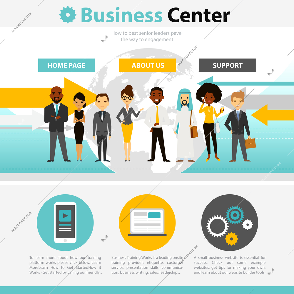 Business training for senior leaders web page infographics with contact information and professional support flat vector illustration