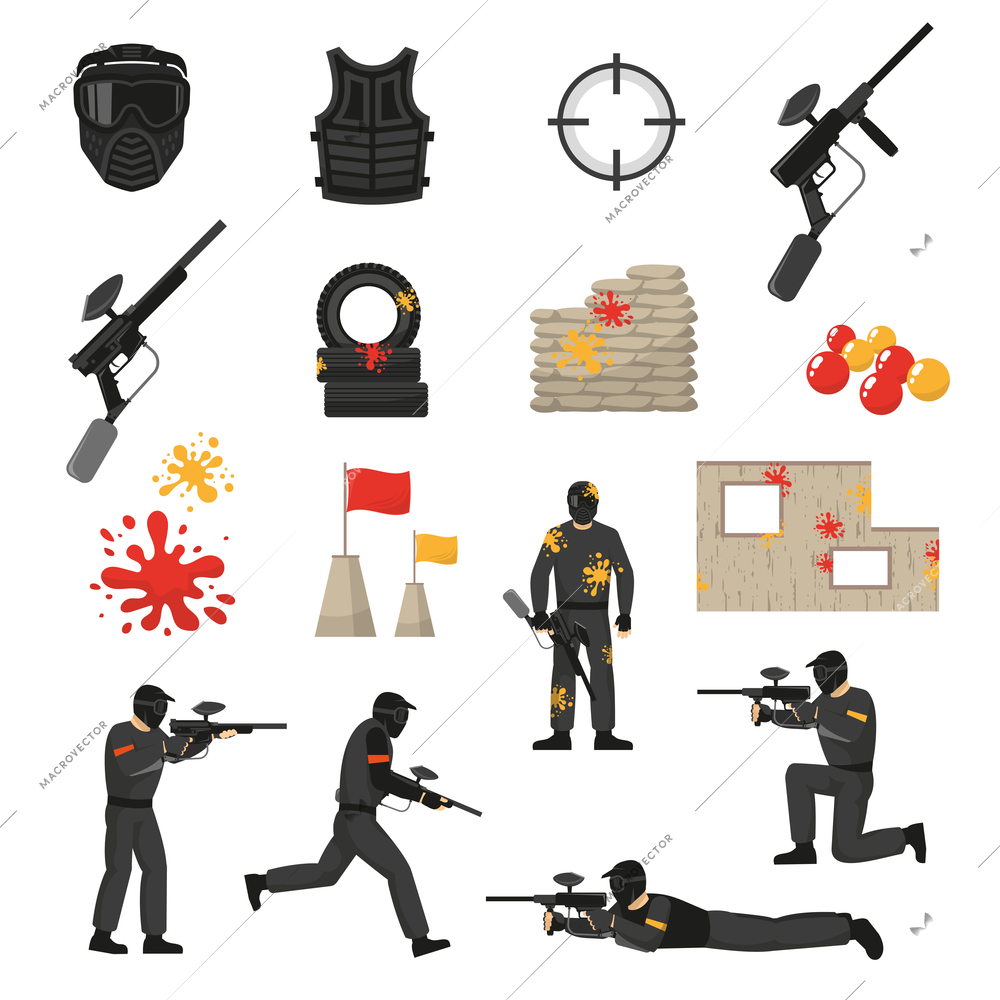 Flat icons set of paintball field elements stuff and players isolated on white background vector illustration