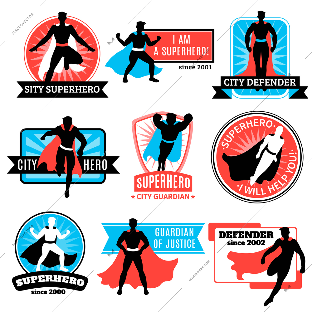 Set of emblems and stickers with flying jumping running superhero silhouettes and words defender and guardian isolated vector illustration