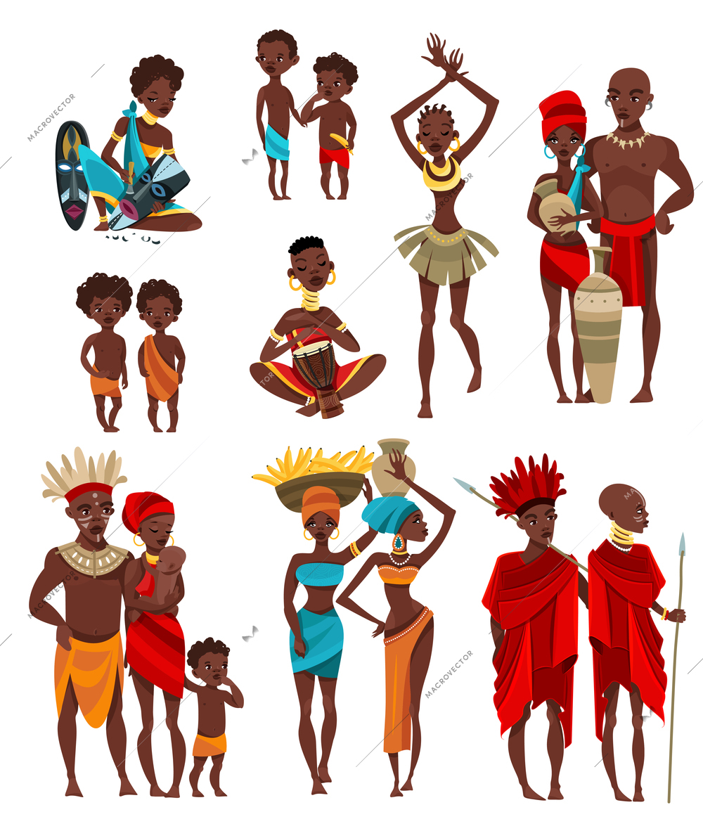 African traditional tribal clothing and ceremonial ritual costumes for adults and children flat icons collection isolated vector illustration