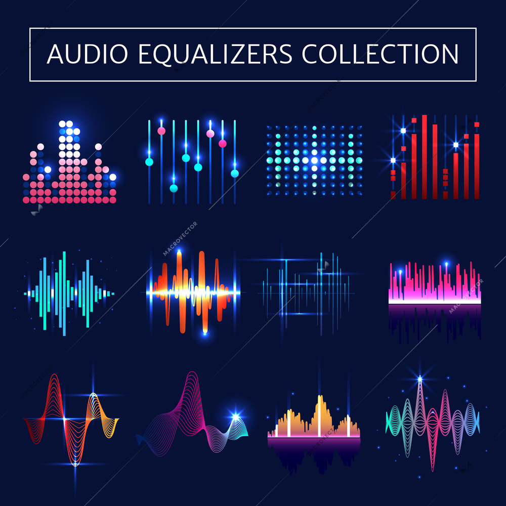 Bright audio equalizer neon set with sound waves symbols on blue background flat isolated vector illustration