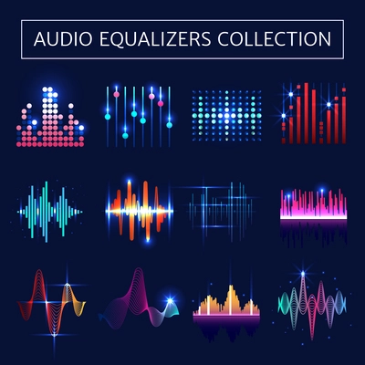 Bright audio equalizer neon set with sound waves symbols on blue background flat isolated vector illustration